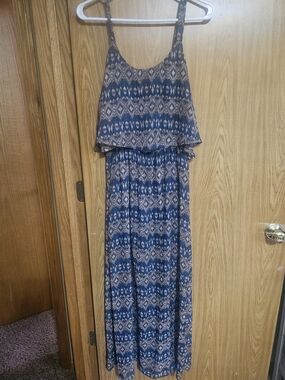 Bobeau Geometric Ikat Maxi Dress Blue Brown Boho Small